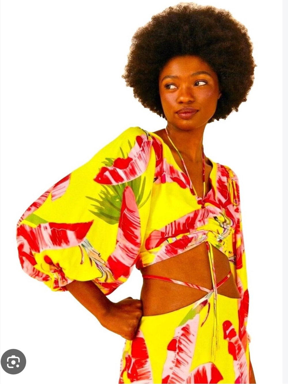 Farm Rio Yellow Floral Tropical Print Sweet Jungle Puff Long Sleeve Crop Top Med - Picture 2 of 9